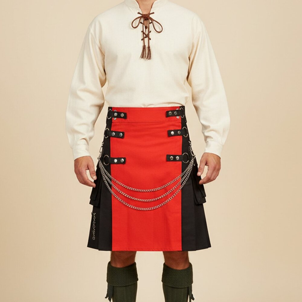 Men’s Black Utility Kilt Red Apron Removable Chains Adjustable Scottish Wear
